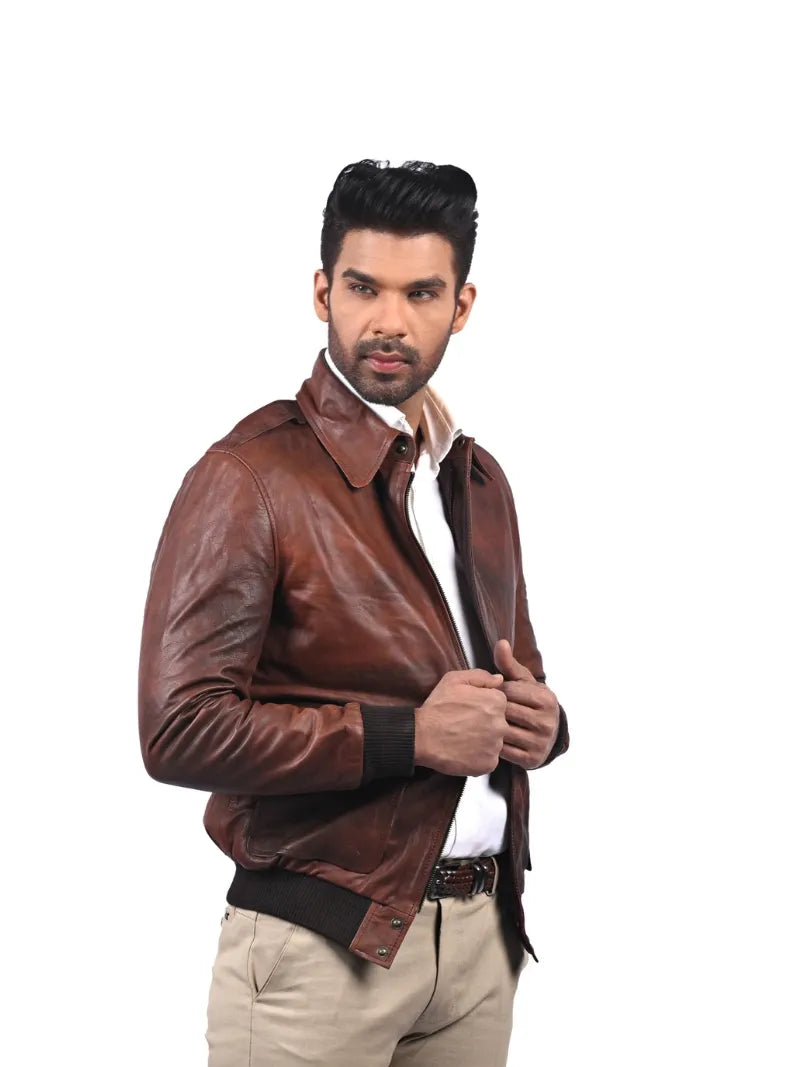 Men’s Brown Leather Jacket with Shirt Collar Right 