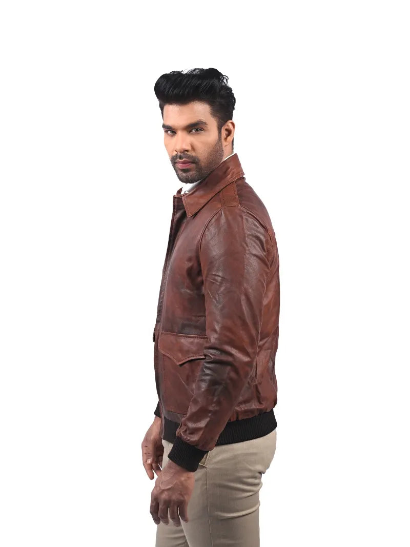 Men’s Brown Leather Jacket with Shirt Collar Left