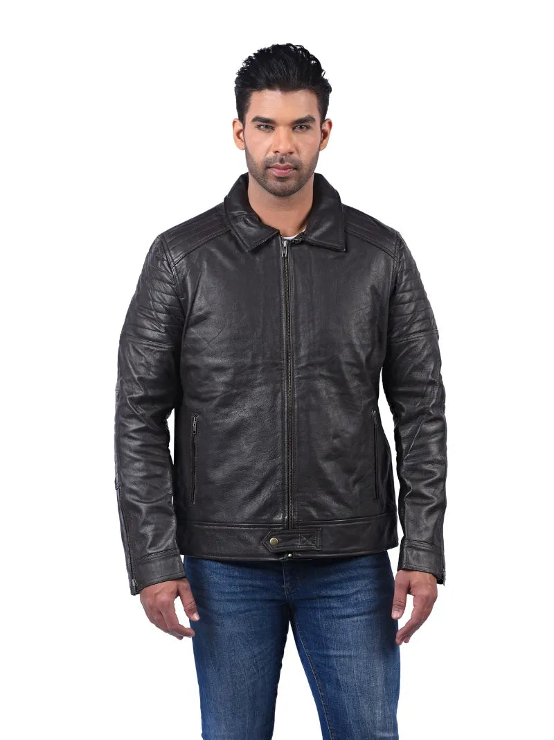 Men’s Brown Leather Jacket with Stitched Sleeves Front