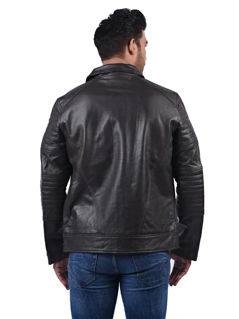 Men’s Brown Leather Jacket with Stitched Sleeves Back