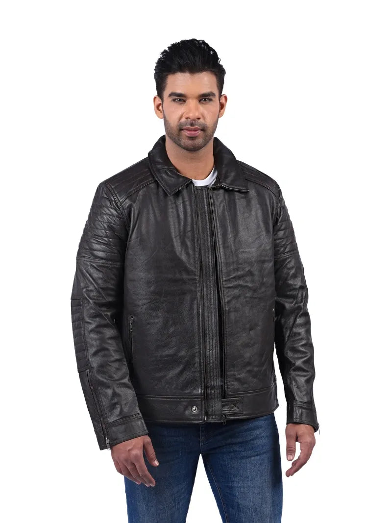 Men’s Brown Leather Jacket with Stitched Sleeves Full