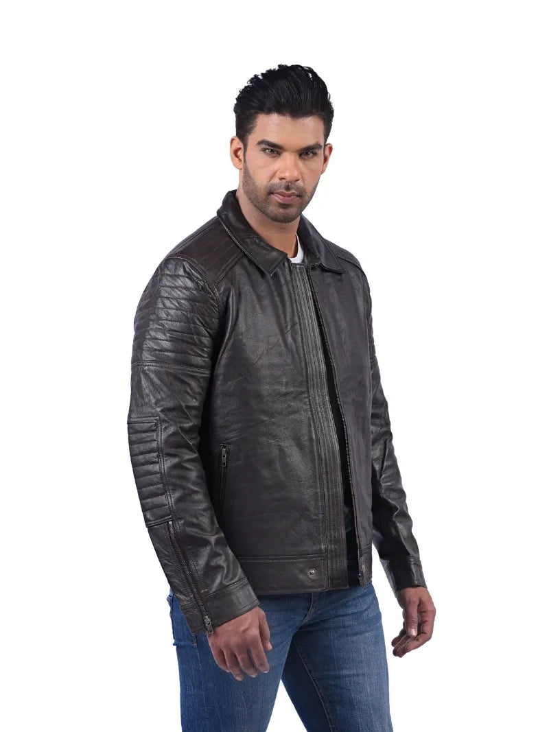 Men’s Brown Leather Jacket with Stitched Sleeves Right