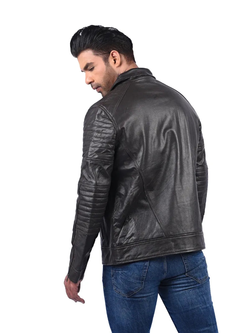 Men’s Brown Leather Jacket with Stitched Sleeves Left