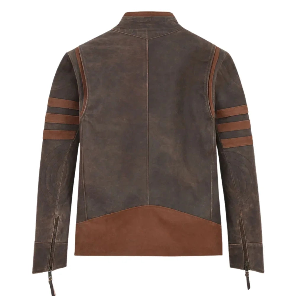 Men’s Brown Leather Jacket with Striped Sleeves