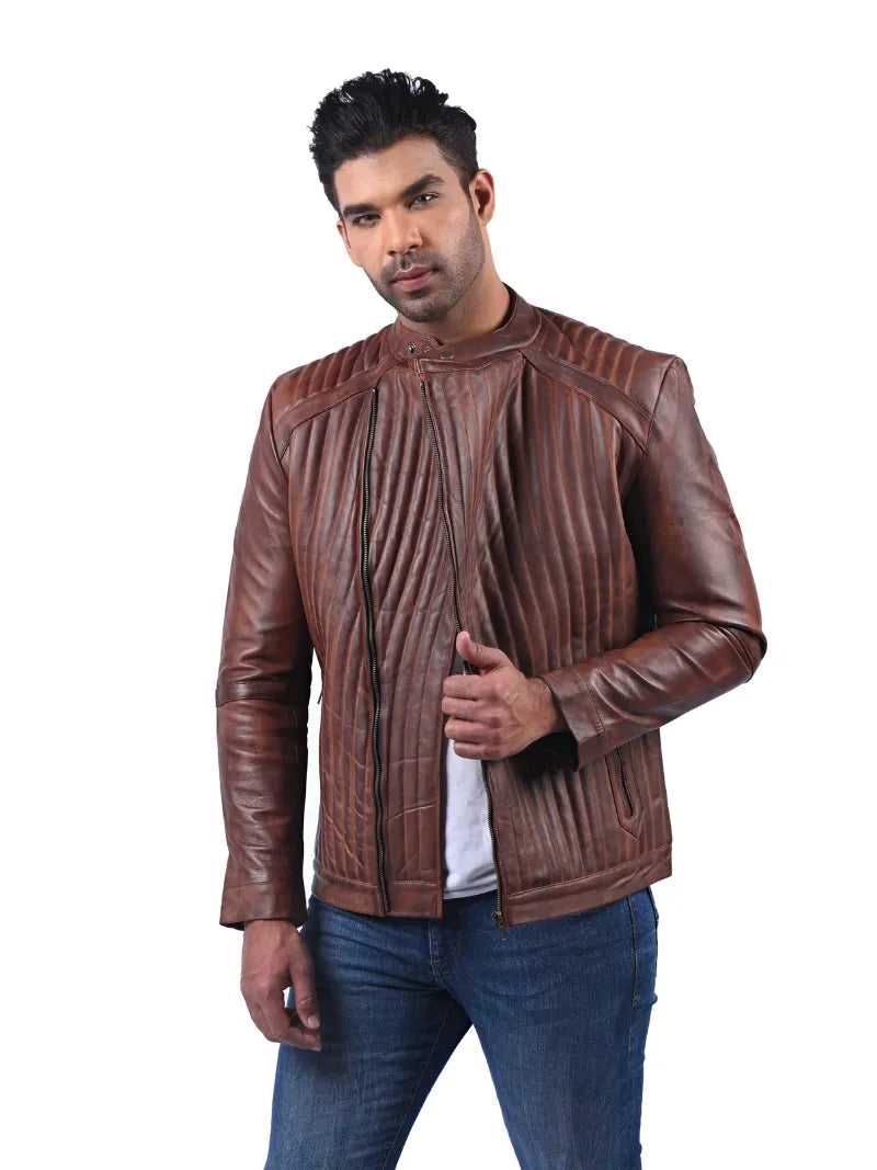 Men’s Brown Leather Jacket with Vertical Stitching Full
