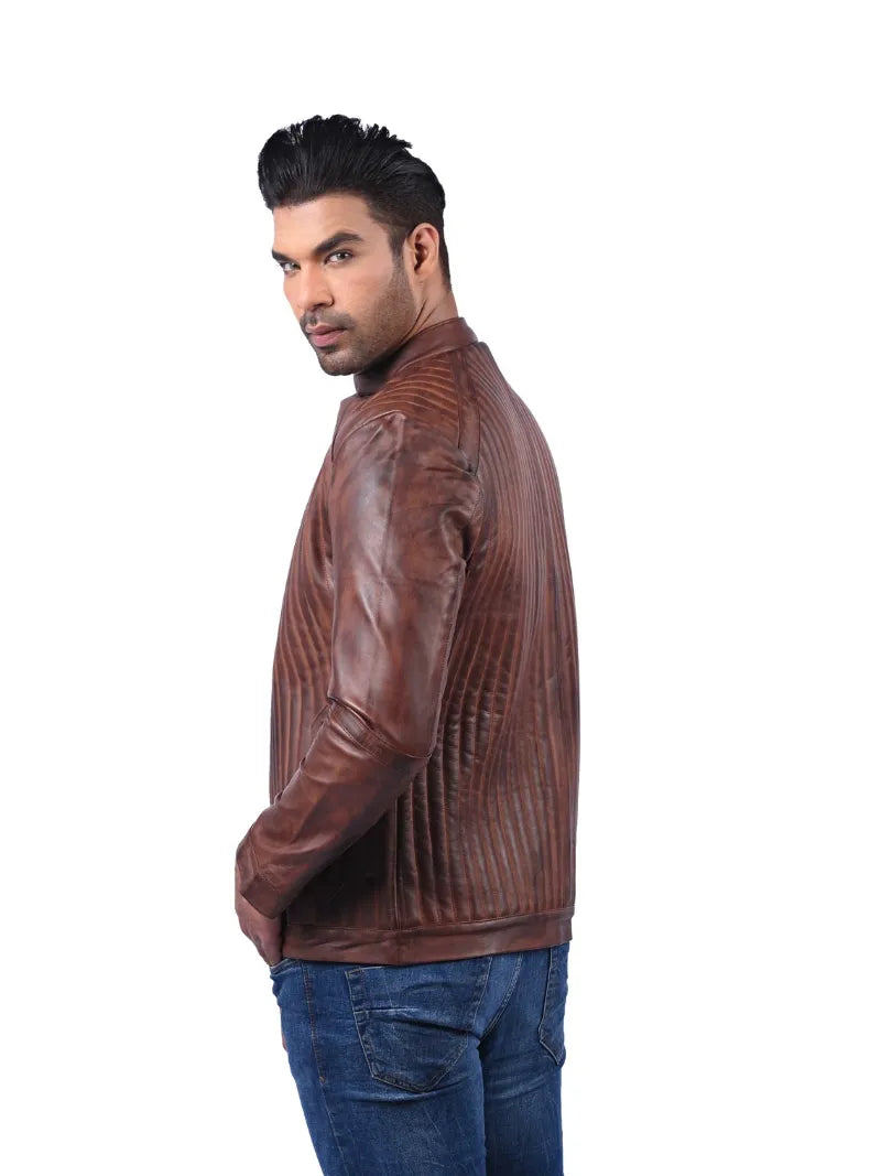 Men’s Brown Leather Jacket with Vertical Stitching Left