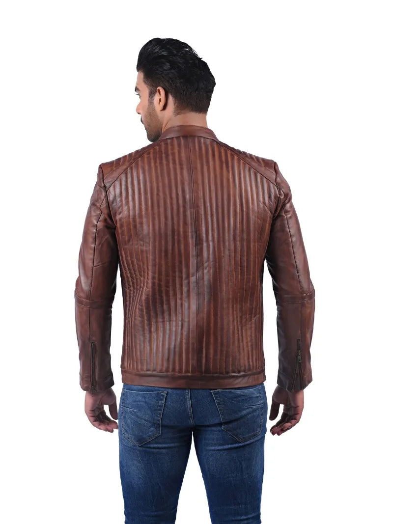 Men’s Brown Leather Jacket with Vertical Stitching Back