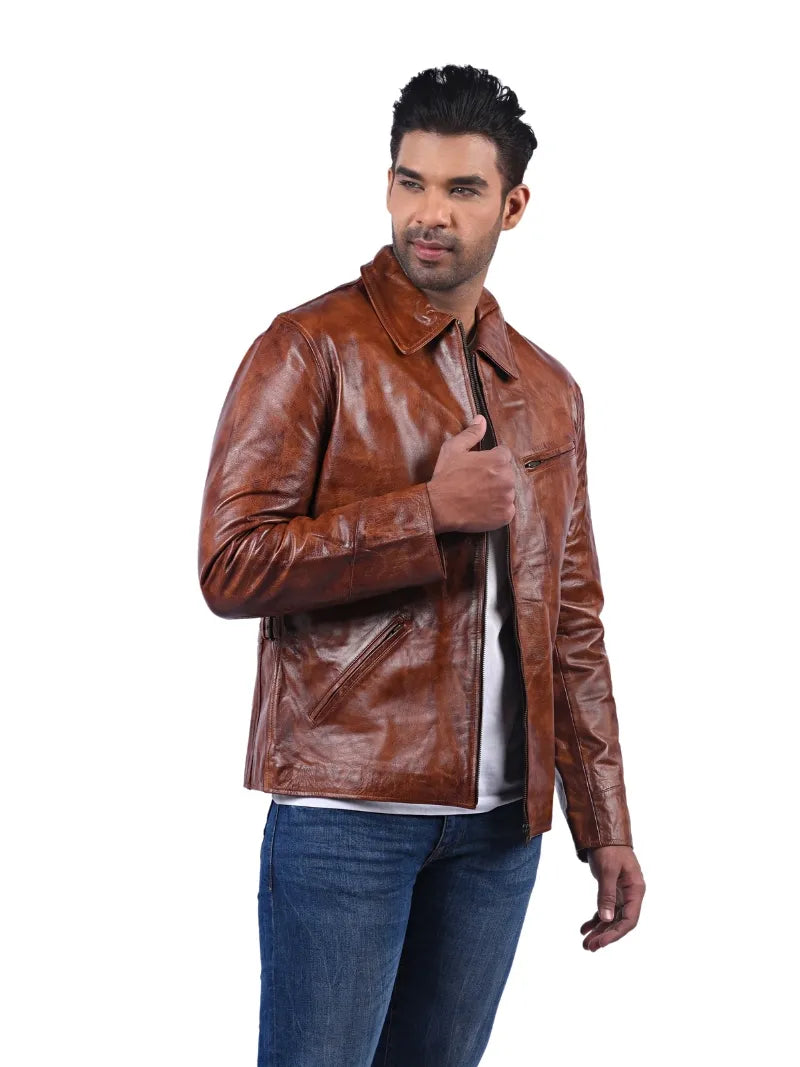 Men’s Brown Leather Jacket with Zip Chest Pocket Right 