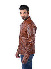 Men’s Brown Leather Jacket with Zip Chest Pocket Left 