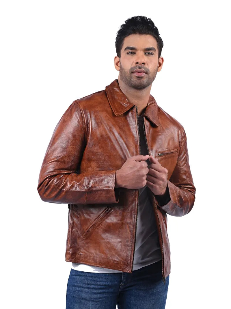 Men’s Brown Leather Jacket with Zip Chest Pocket Full 
