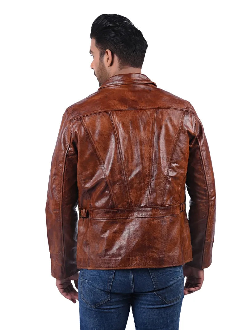 Men’s Brown Leather Jacket with Zip Chest Pocket Back 