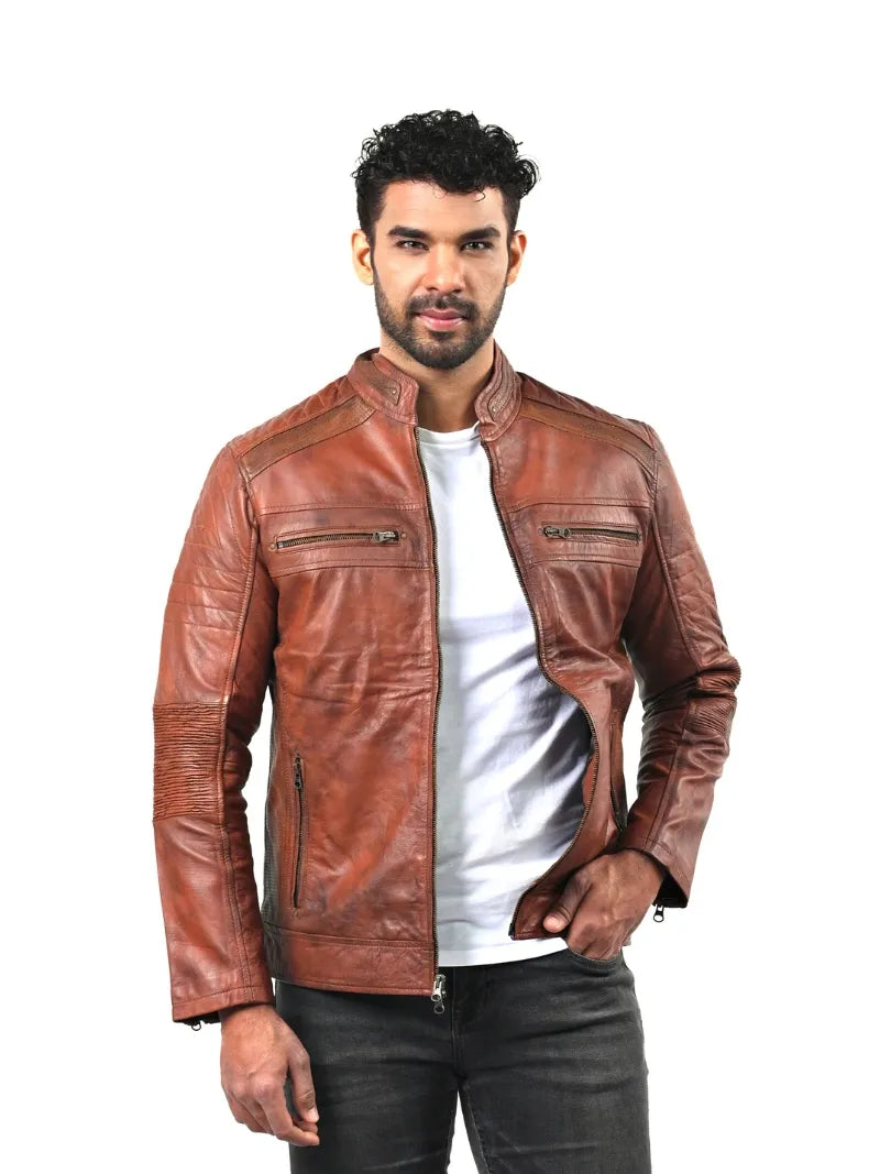 Men’s Brown Leather Jacket with Zip Chest Pockets Front