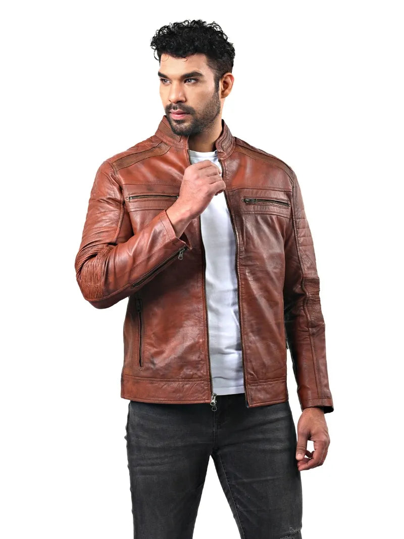 Men’s Brown Leather Jacket with Zip Chest Pockets Left