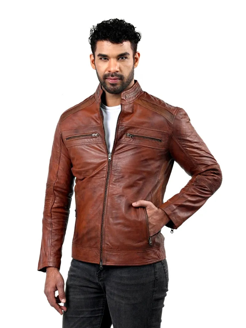 Men’s Brown Leather Jacket with Zip Chest Pockets Full