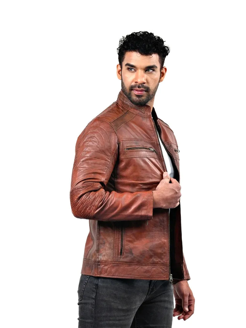 Men’s Brown Leather Jacket with Zip Chest Pockets Right 