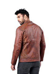 Men’s Brown Leather Jacket with Zip Chest Pockets Back