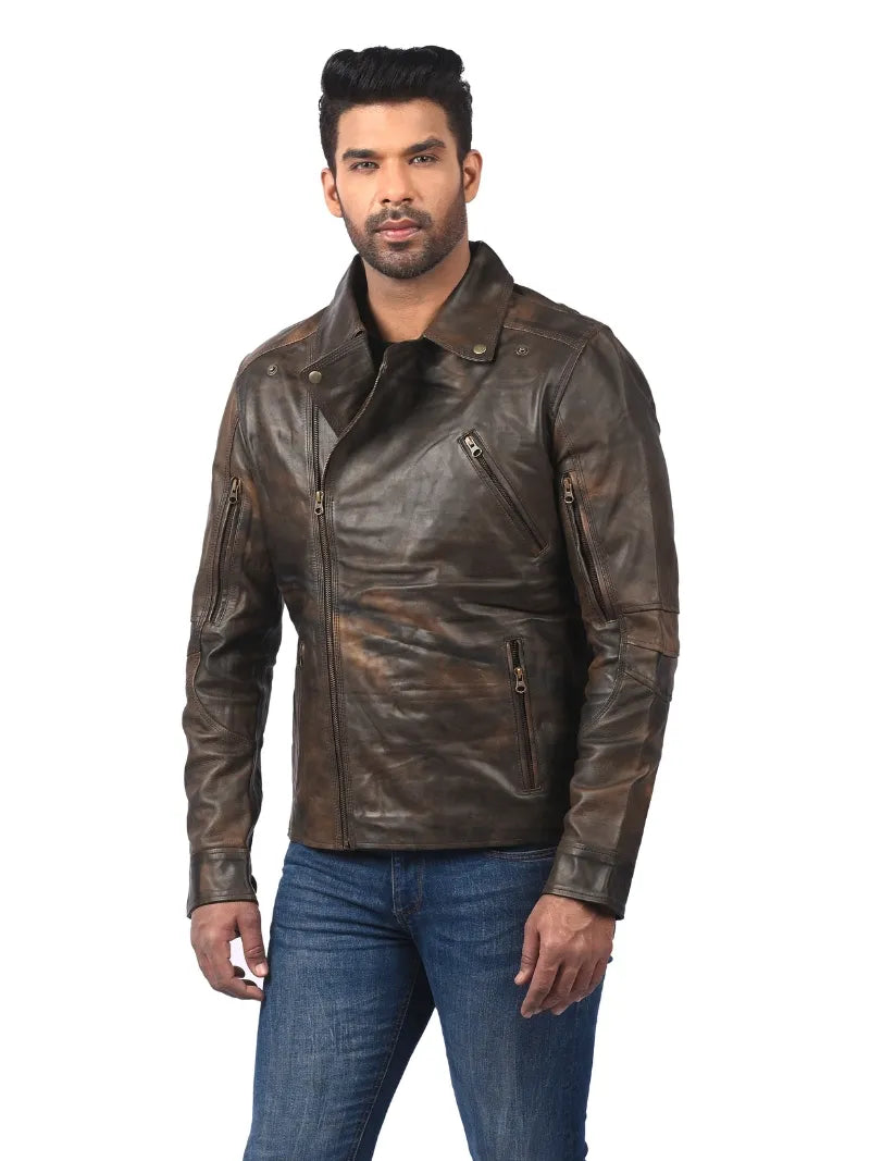 Men’s Brown Leather Jacket with Zip Details Full