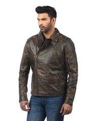 Men’s Brown Leather Jacket with Zip Details Left 