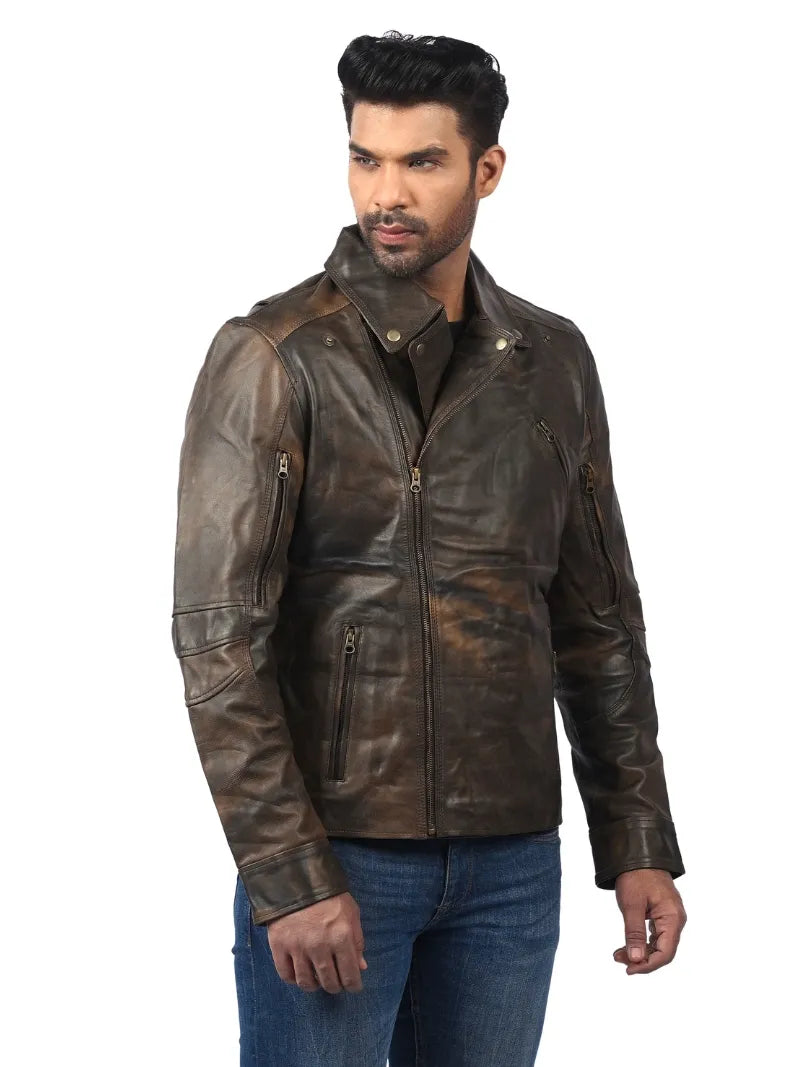 Men’s Brown Leather Jacket with Zip Details Left
