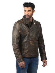 Men’s Brown Leather Jacket with Zip Details Left