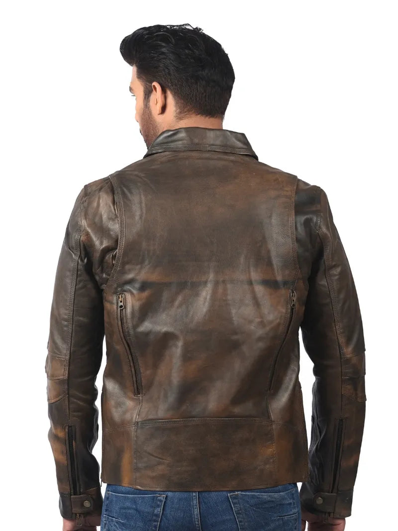Men’s Brown Leather Jacket with Zip Details Back