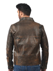 Men’s Brown Leather Jacket with Zip Details Back