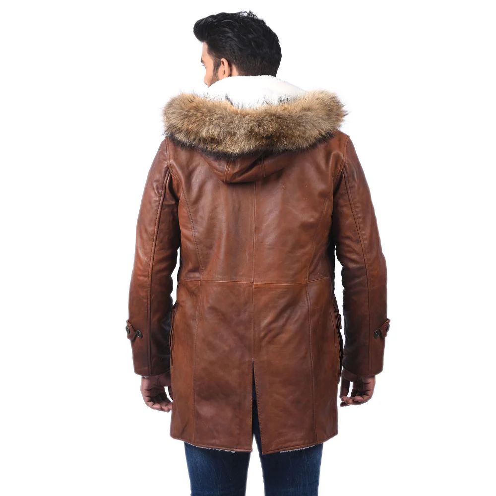 Men's Brown Leather Parka Coat with Fur Hood