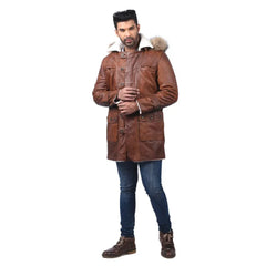 Men's Brown Leather Parka Coat with Fur Hood