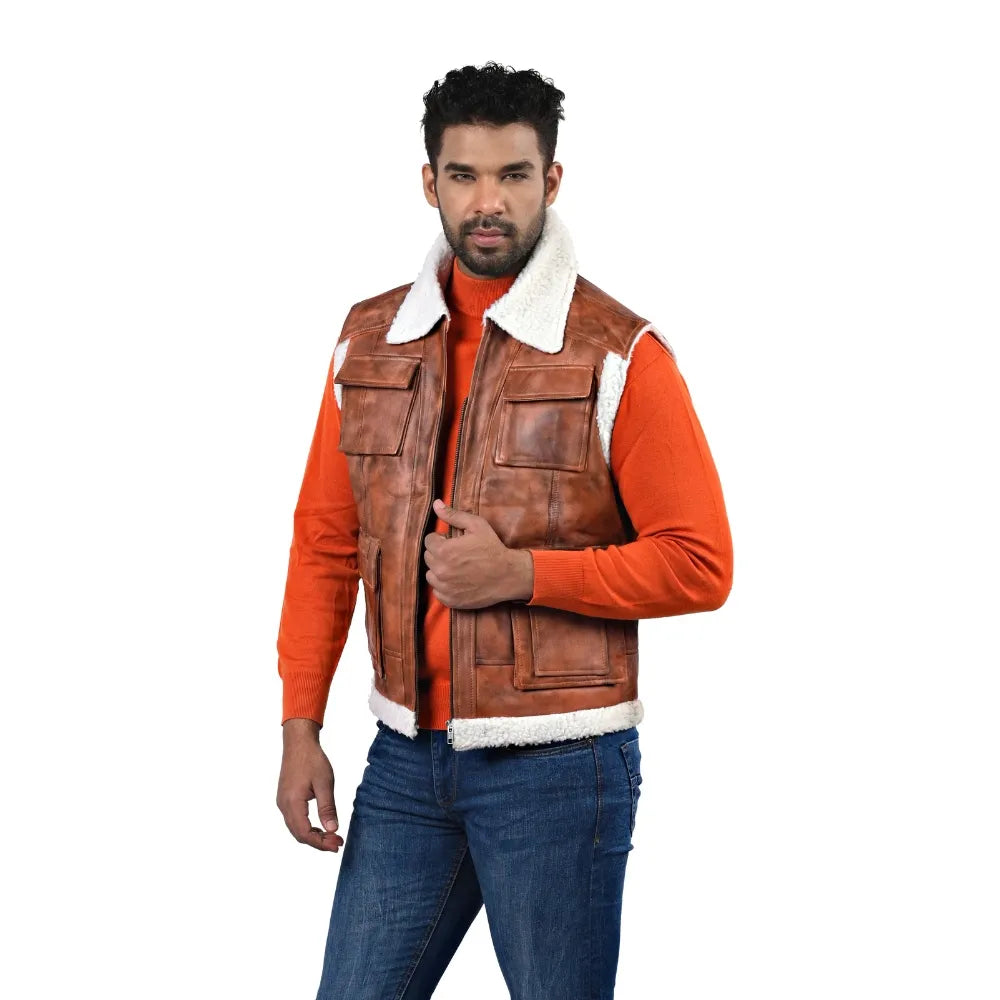 Men’s Brown Leather Shearling-Lined Vest