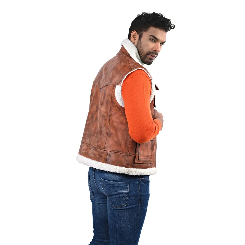 Men’s Brown Leather Shearling-Lined Vest