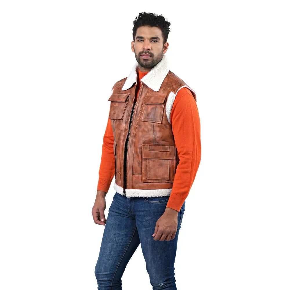Men’s Brown Leather Shearling-Lined Vest
