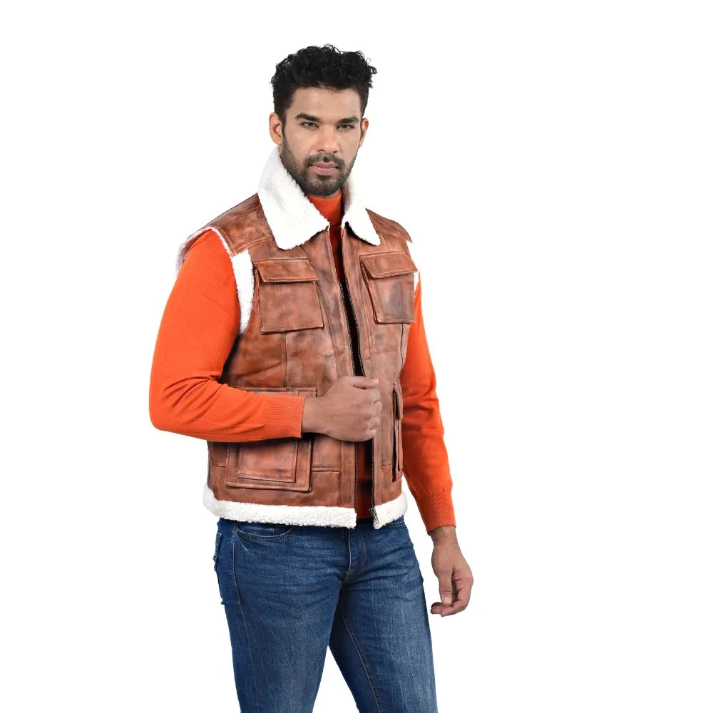 Men’s Brown Leather Shearling-Lined Vest