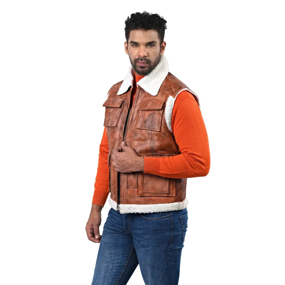 Men’s Brown Leather Shearling-Lined Vest