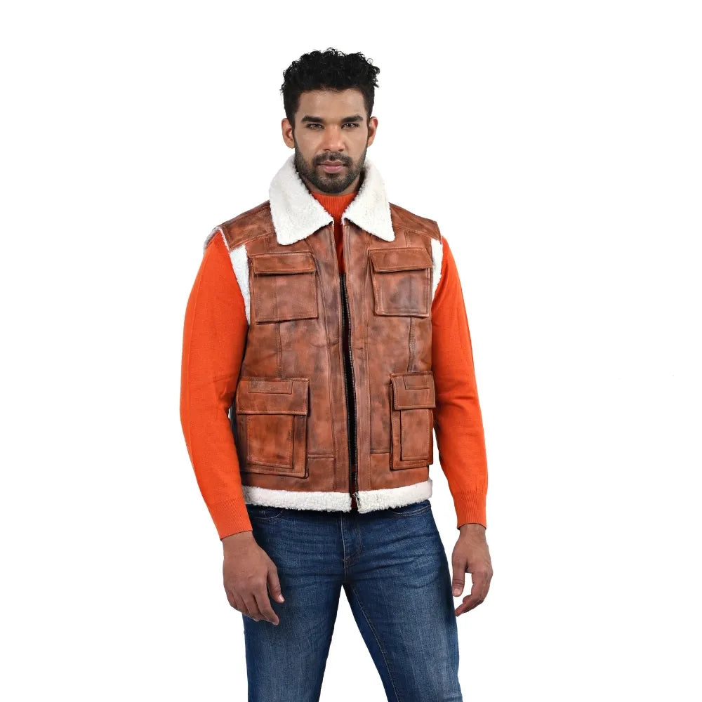 Men’s Brown Leather Shearling-Lined Vest