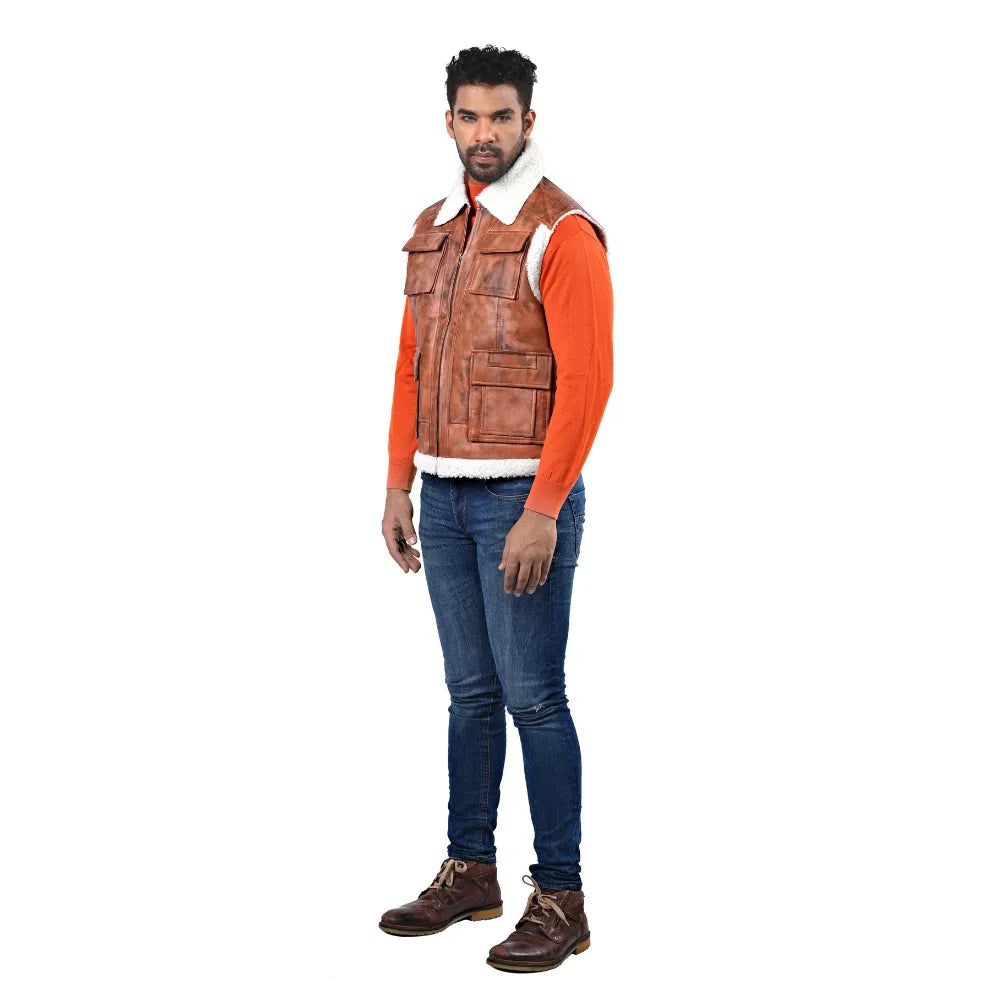 Men’s Brown Leather Shearling-Lined Vest