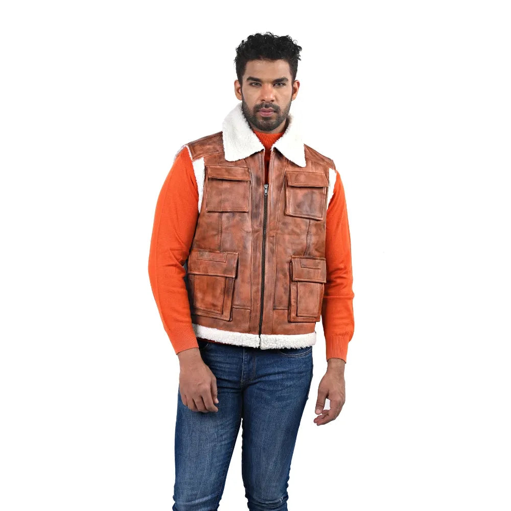 Men’s Brown Leather Shearling-Lined Vest