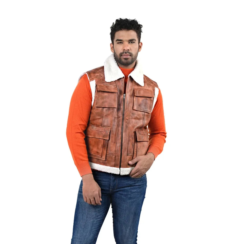 Men’s Brown Leather Shearling-Lined Vest