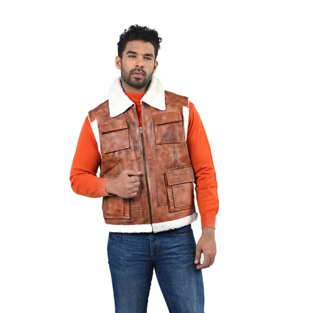 Men’s Brown Leather Shearling-Lined Vest