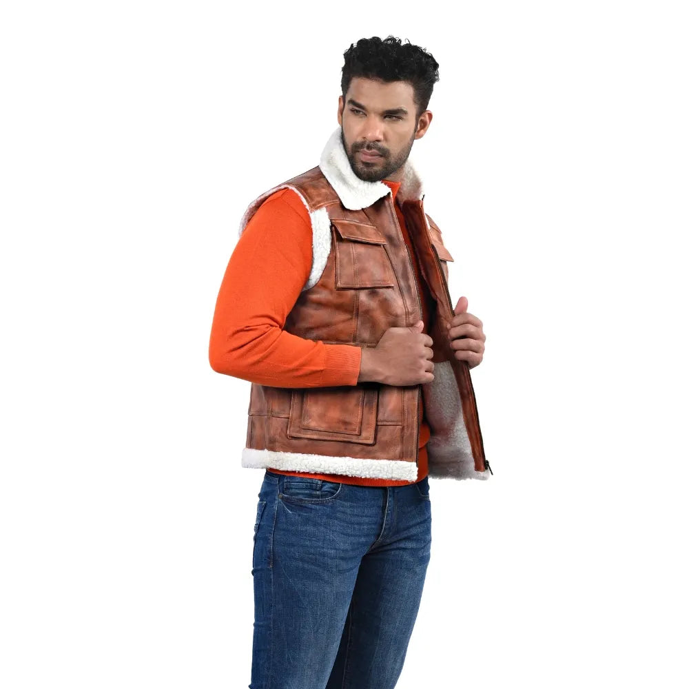 Men’s Brown Leather Shearling-Lined Vest