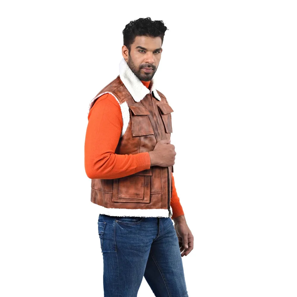 Men’s Brown Leather Shearling-Lined Vest