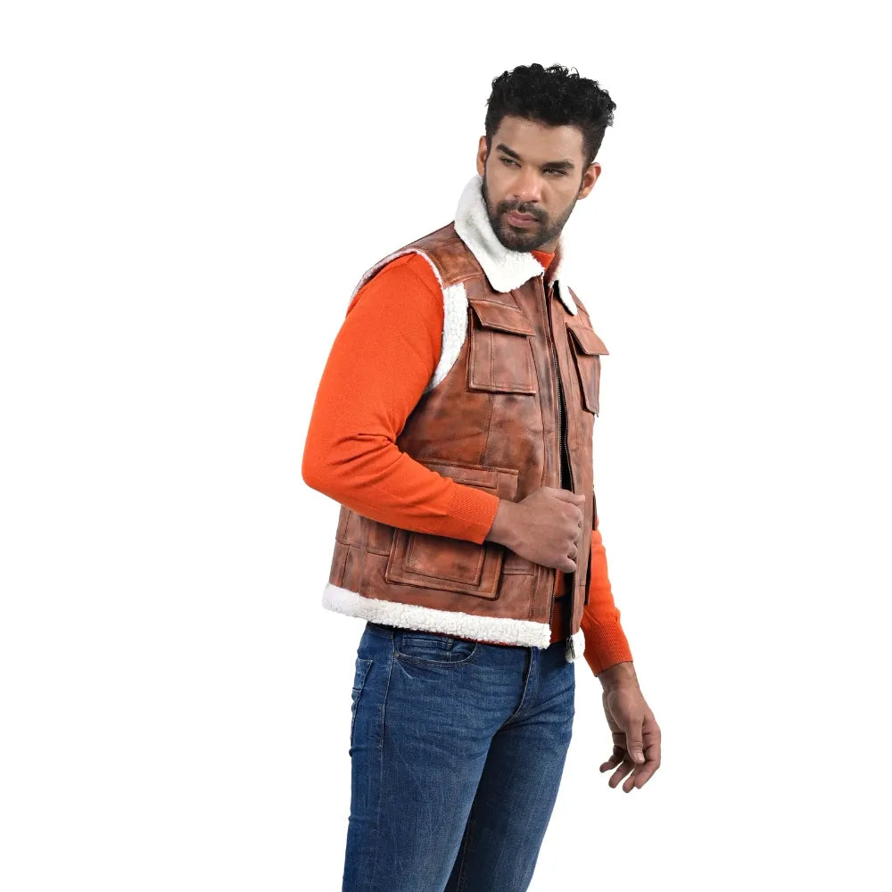 Men’s Brown Leather Shearling-Lined Vest