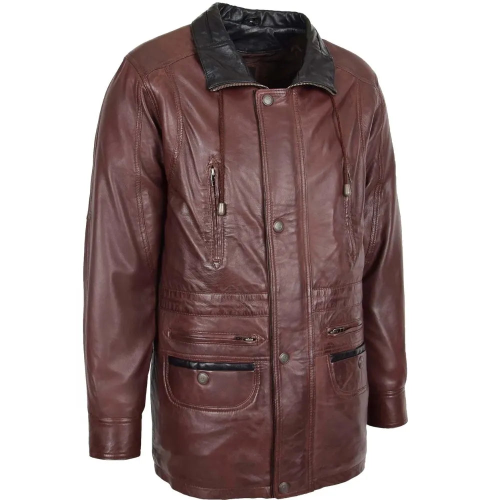 Men’s Brown Leather with Black Collar Coat