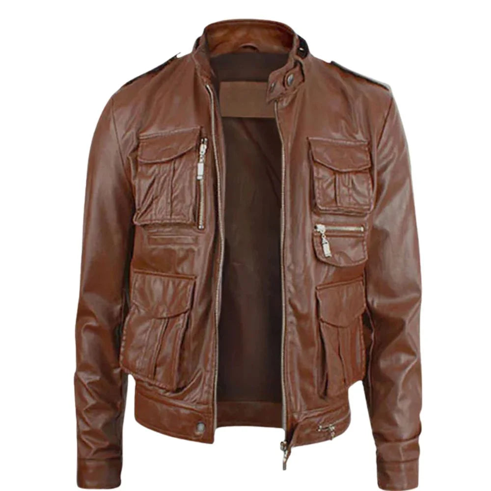 Men’s Brown Multi-Pocket Leather Jacket