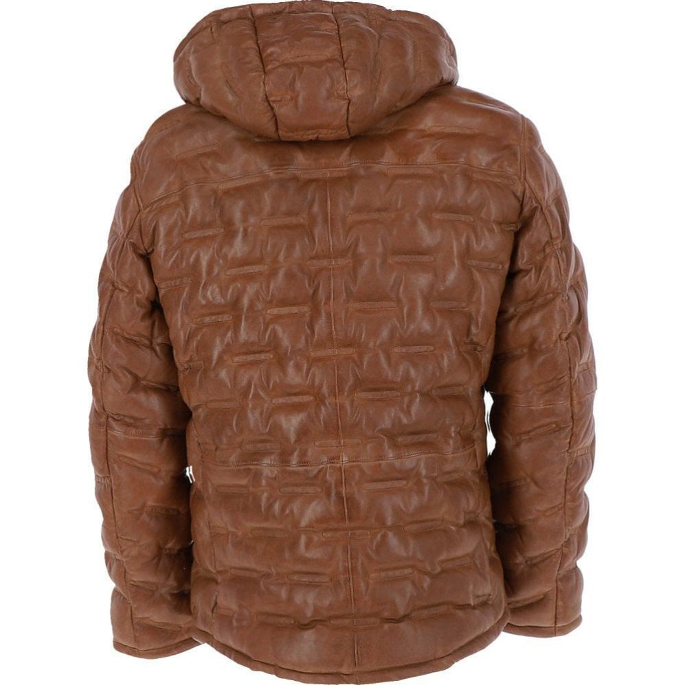 Men's Brown Quilted Leather Hooded Jacket