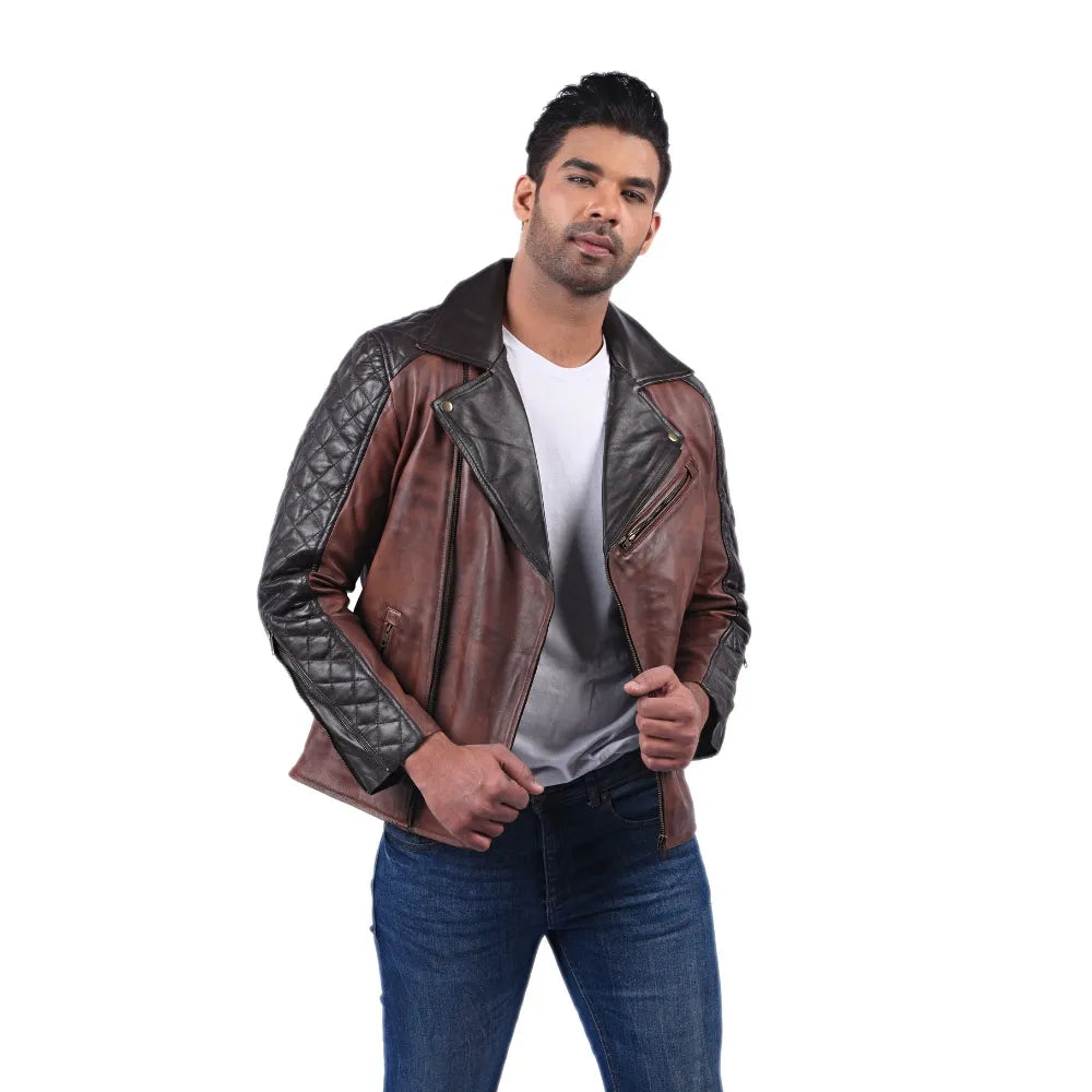 Men’s Brown Real Leather Asymmetric Zip Jacket