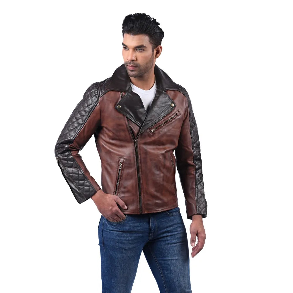 Men’s Brown Real Leather Asymmetric Zip Jacket