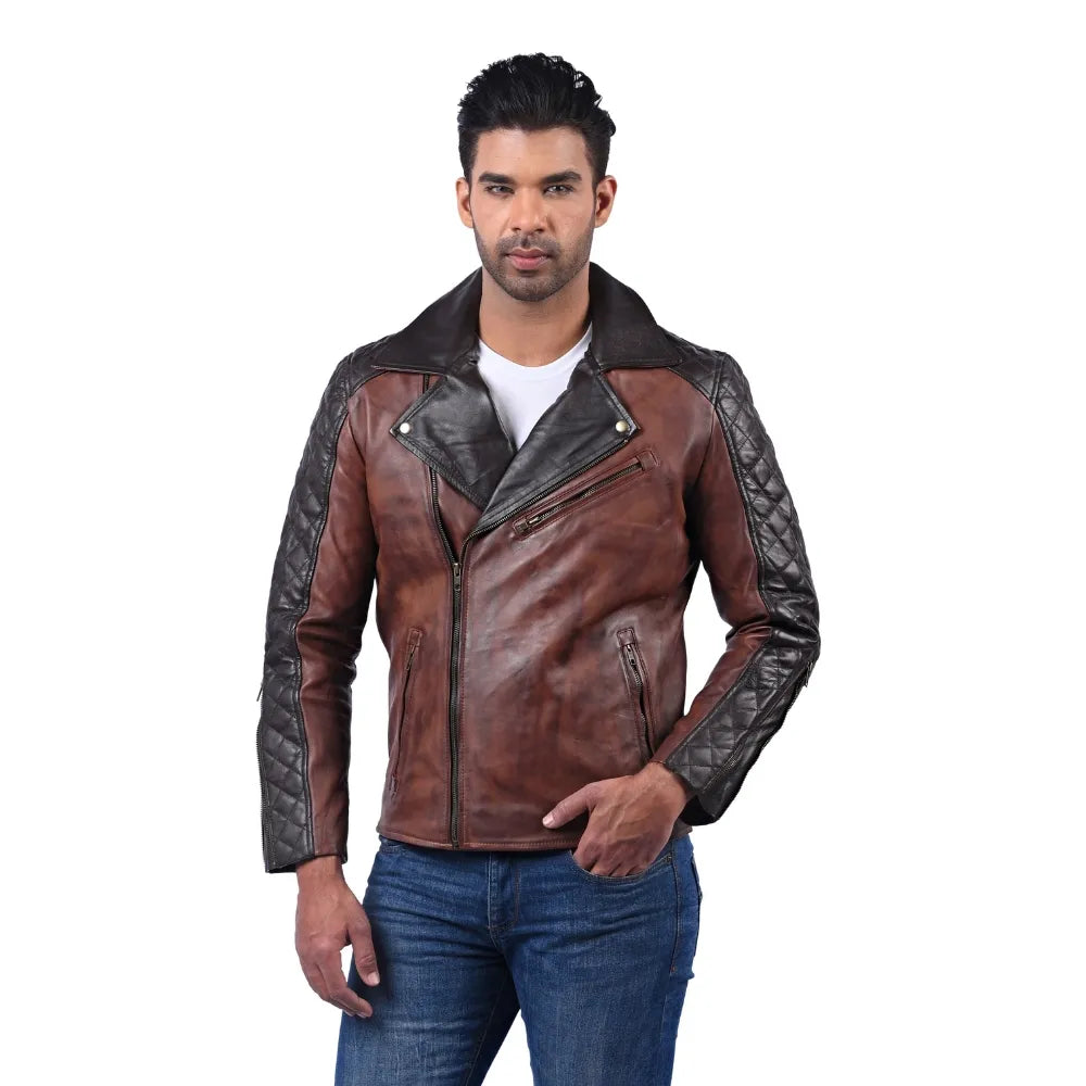 Men’s Brown Real Leather Asymmetric Zip Jacket