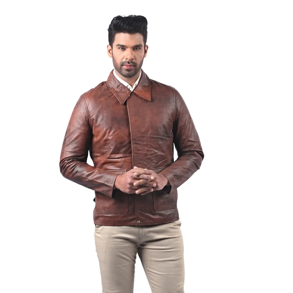 Men’s Brown Real Leather Button Jacket