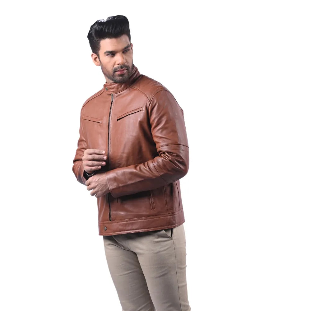 Men’s Brown Real Leather Clean Zip Jacket