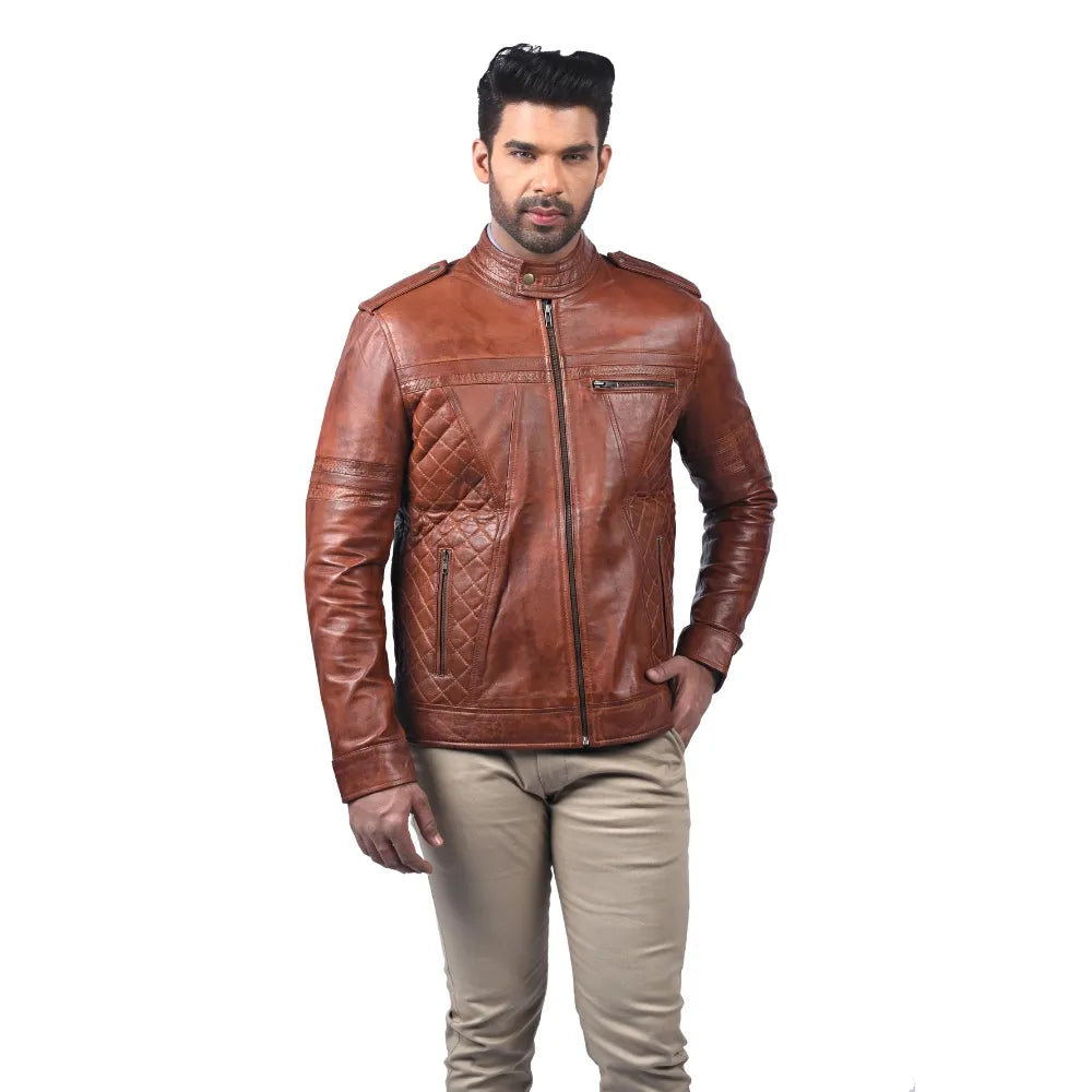 Men’s Brown Real Leather Cross Panel Jacket